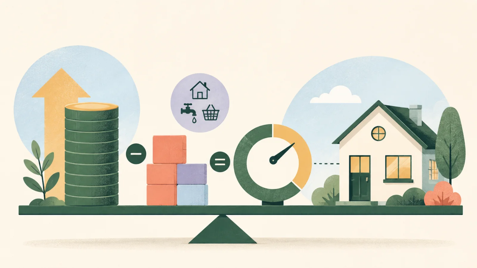 Illustration d’un budget équilibrant revenus, charges, taux d’endettement et projet immobilier
